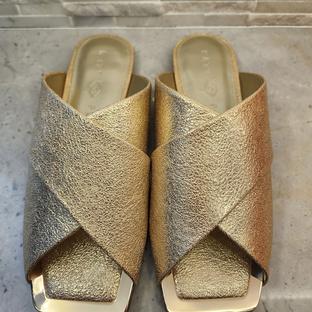 Katy Perry Checked In Gold Metallic Leather Slide Sandals NIB Size 8 - Picture 5 of 5